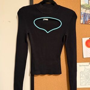 STAUD Black Long Sleeve Top with Blue Heart Detail